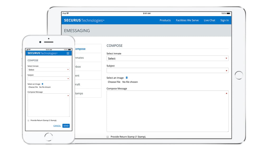 The image shows a mobile device and a tablet displaying a web page for a company called Seconds Technologies. The web page includes various input fields and options for composing a message.